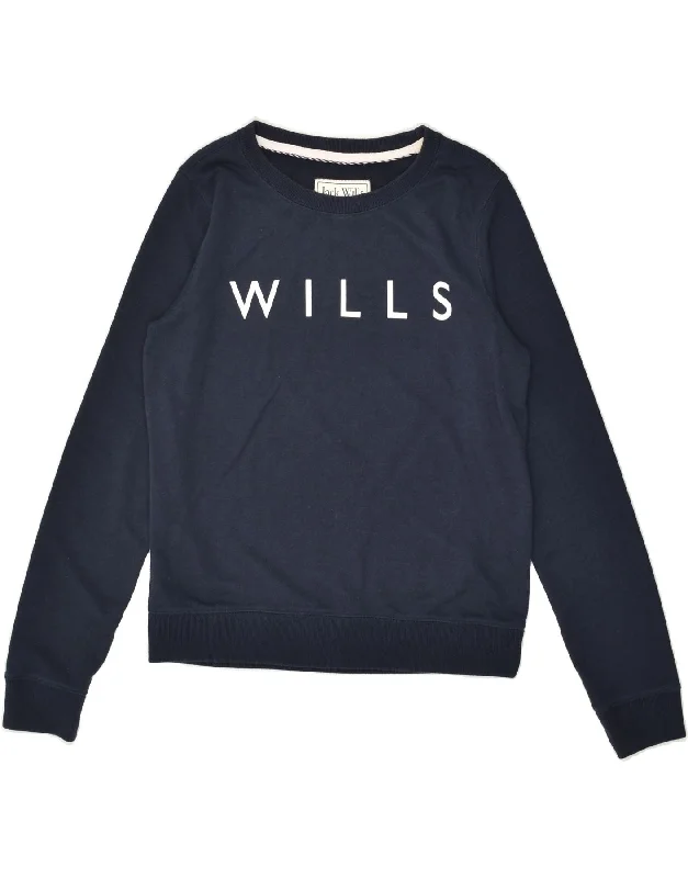 JACK WILLS Womens Graphic Sweatshirt Jumper UK 10 Small Navy Blue Cotton Hoodie with Puffed Sleeves Voluminous Trendy