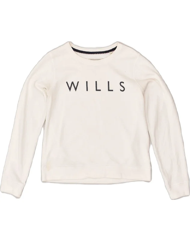 JACK WILLS Womens Graphic Sweatshirt Jumper UK 12 Medium White Cotton Hoodie with High Neck Warm Protective