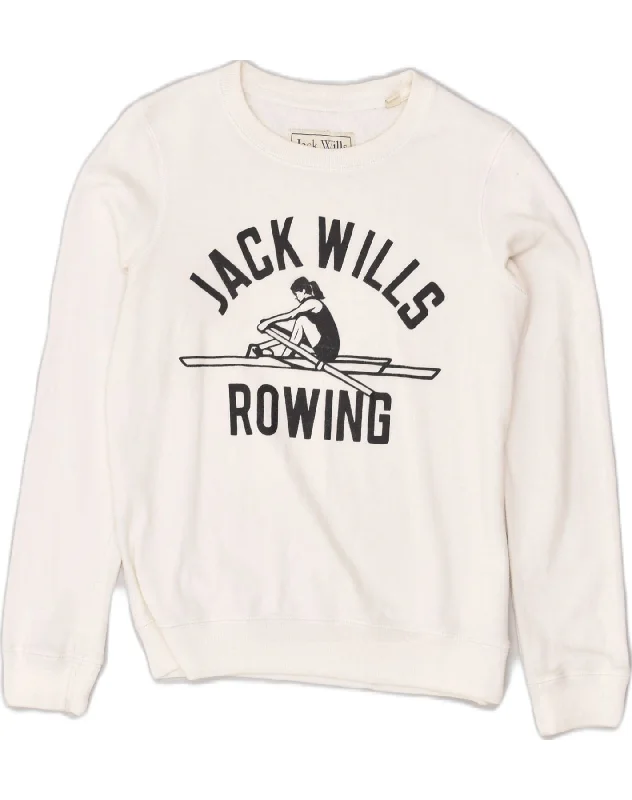 JACK WILLS Womens Graphic Sweatshirt Jumper UK 8 Small  White Cotton Hoodie with Drop Shoulder Relaxed Streetwear