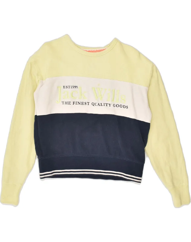 JACK WILLS Womens Graphic Sweatshirt Jumper UK 8 Small Yellow Colourblock Hoodie with Magnetic Closure Innovative Modern