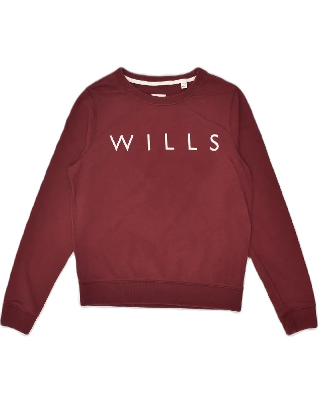 JACK WILLS Womens Loose Fit Graphic Sweatshirt Jumper UK 10 Small  Maroon Hoodie with Patch Decorative Personalized