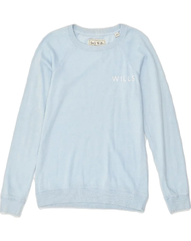 JACK WILLS Womens Sweatshirt Jumper UK 10 Small Blue Cotton Hoodie with Typography Text Message