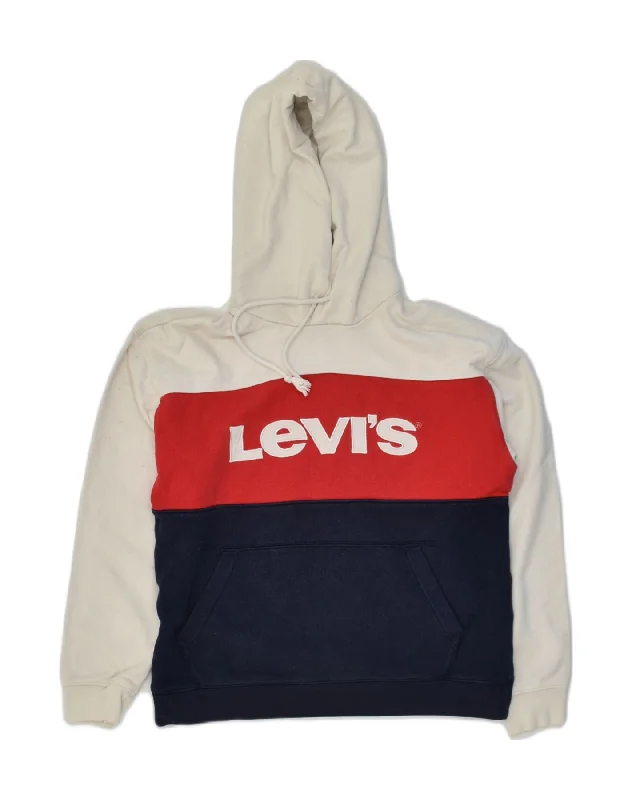 LEVI'S Womens Graphic Hoodie Jumper UK 8 XS White Colourblock Cotton Hoodie with Print Artistic Unique