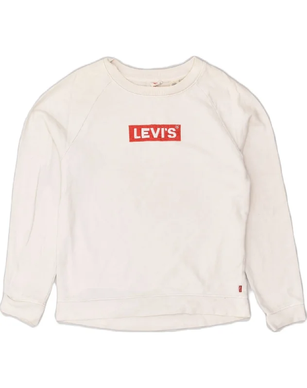 LEVI'S Womens Graphic Sweatshirt Jumper UK 6 XS White Cotton Hoodie with Drawcord Adjustable Secure