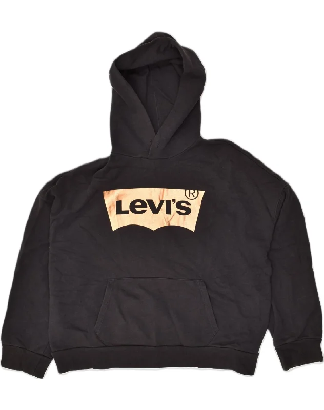 LEVI'S Womens Oversized Graphic Hoodie Jumper UK 14 Medium Black Cotton Hoodie with Hem Lace Feminine Delicate