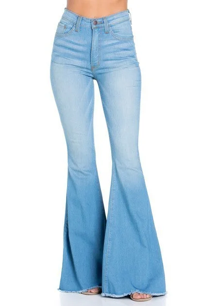 Logan Bell Bottom Jean in Light Blue -Inseam 32 Trendy Patchwork Denim Jeans