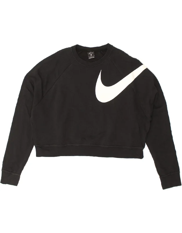 NIKE Womens Dri Fit Graphic Crop Sweatshirt Jumper UK 16 Large Black Hoodie with Side Slits Relaxed Casual