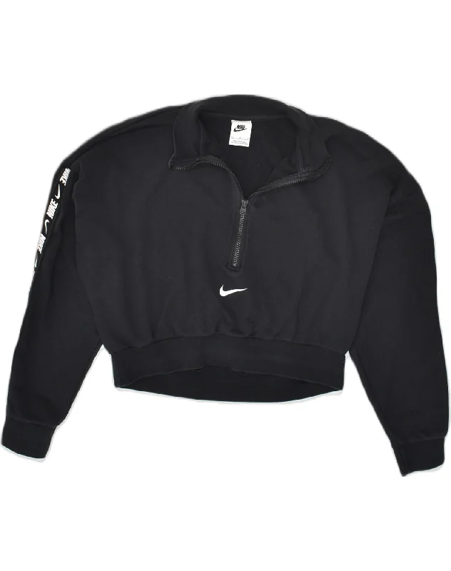 NIKE Womens Graphic Crop Sweatshirt Jumper UK 14 Medium Black Cotton Hoodie with Typography Text Message