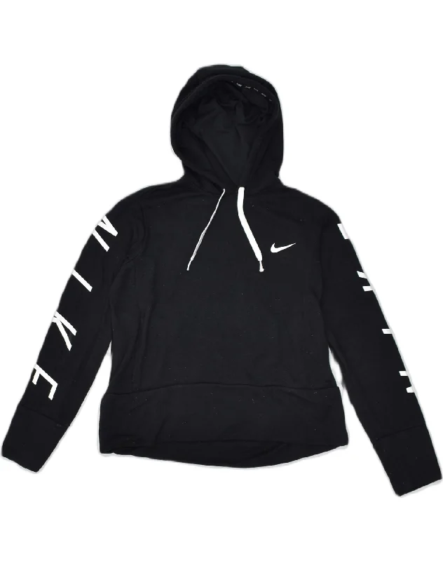 NIKE Womens Graphic Hoodie Jumper UK 10 Small Black Polyester Hoodie with Side Slits Relaxed Casual