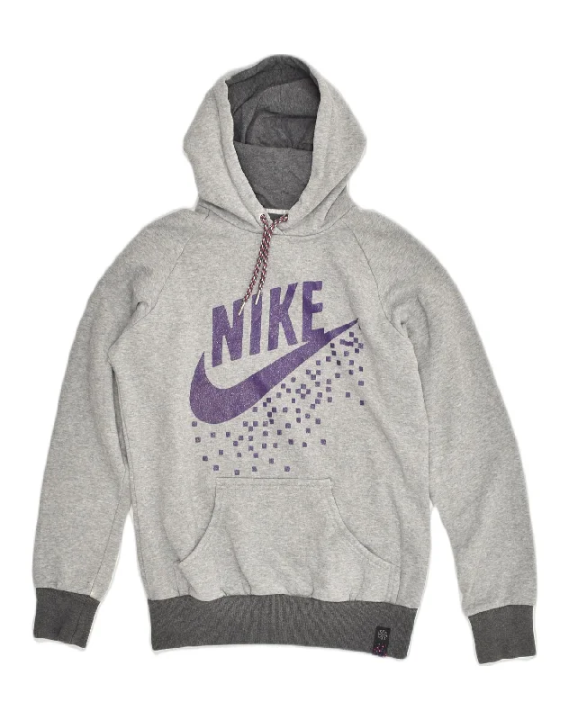 NIKE Womens Graphic Hoodie Jumper UK 12-14 Medium  Grey Cotton Graphic Hoodie Design Print