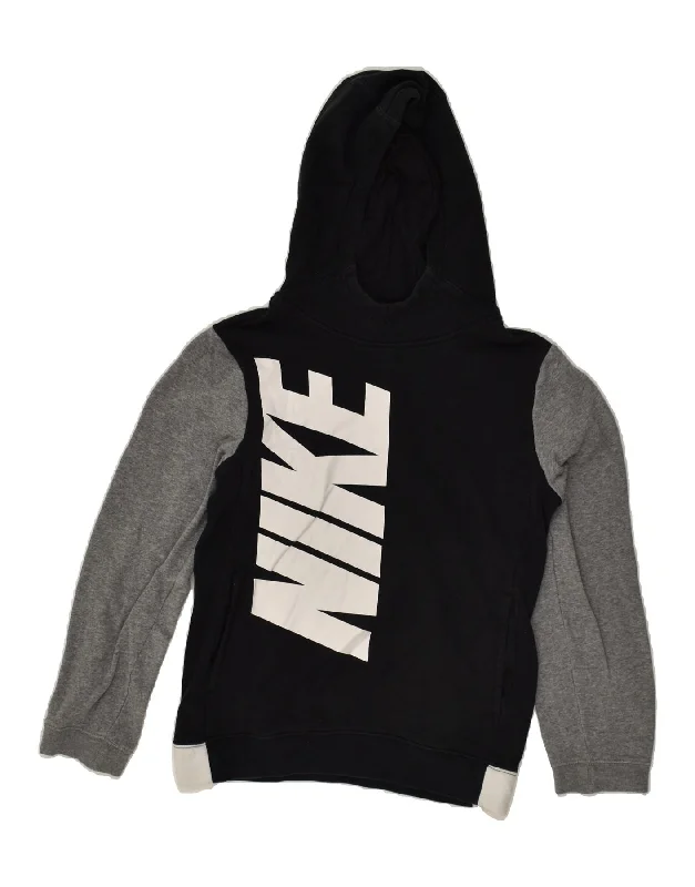 NIKE Womens Graphic Hoodie Jumper UK 14 Large Black Colourblock Cotton Hoodie with Fur Luxurious Winter