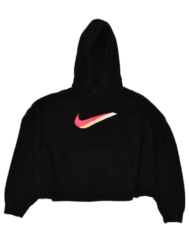 NIKE Womens Graphic Hoodie Jumper UK 16 Large Black Cotton Hoodie with Metallic Shiny Futuristic