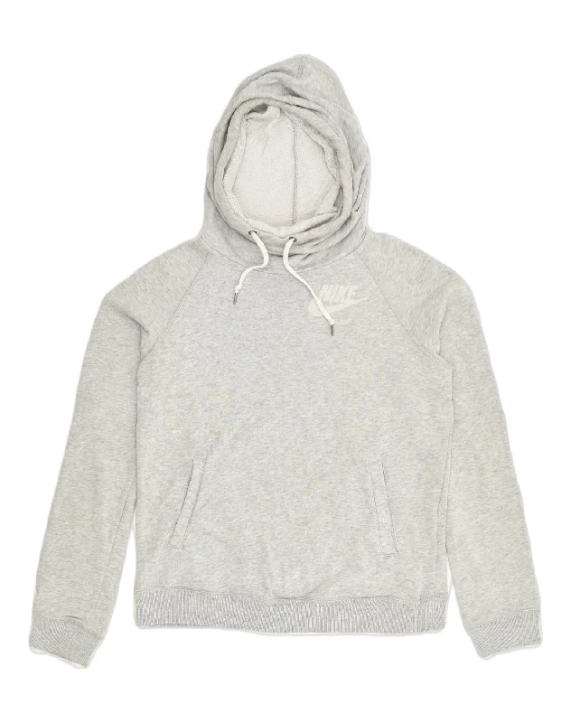 NIKE Womens Hoodie Jumper UK 10 Small Grey Cotton Hoodie with Drop Shoulder Relaxed Streetwear