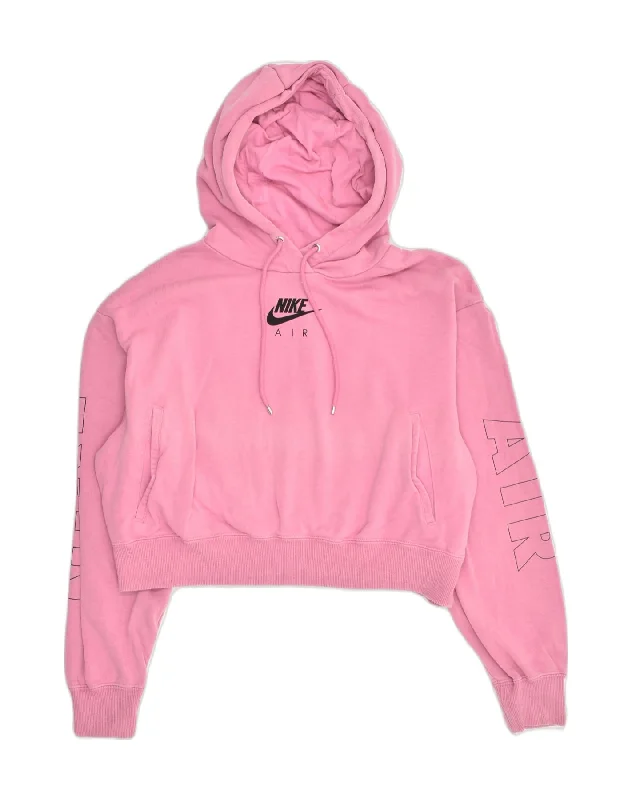 NIKE Womens Oversized Crop Hoodie Jumper UK 14 Medium Pink Cotton Hoodie with Hem Ribbing Snug Secure