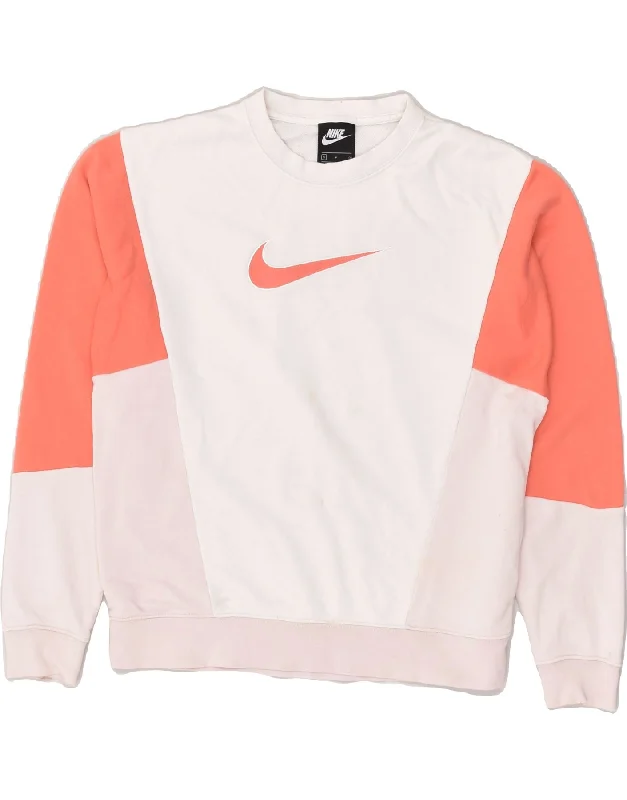 NIKE Womens Sweatshirt Jumper UK 10 Small White Colourblock Cotton Hoodie with Print Artistic Unique