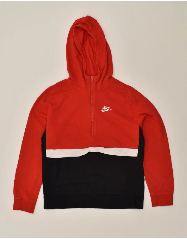 NIKE Womens Zip Neck Hoodie Jumper UK 18 XL Red Colourblock Cotton Hoodie with Applique Textured Unique