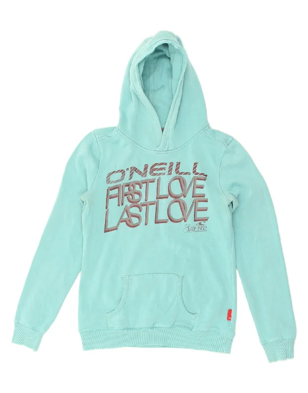 O'NEILL Womens Graphic Hoodie Jumper UK 12 Medium Turquoise Hoodie with Raglan Sleeves Sporty Comfortable