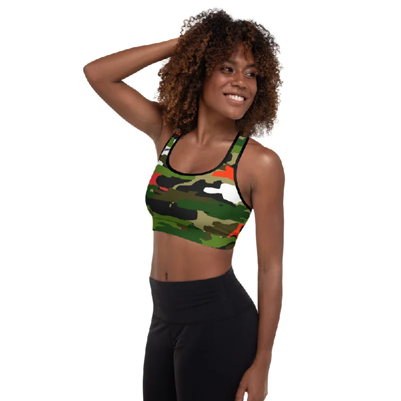 Green Orange Camo Sports Bra, Army Military Women's Padded Gym Bra-Made in USA/EU Sexy Lace Bralette