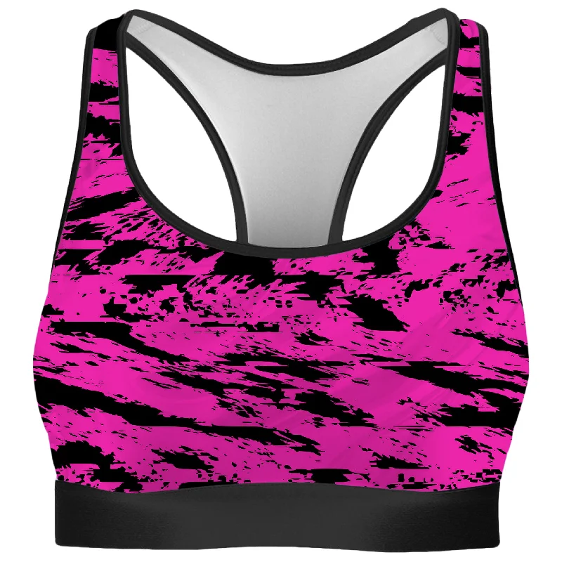 Pink and Black Rave Glitch Splatter Rave Bra Breathable Sports Bra