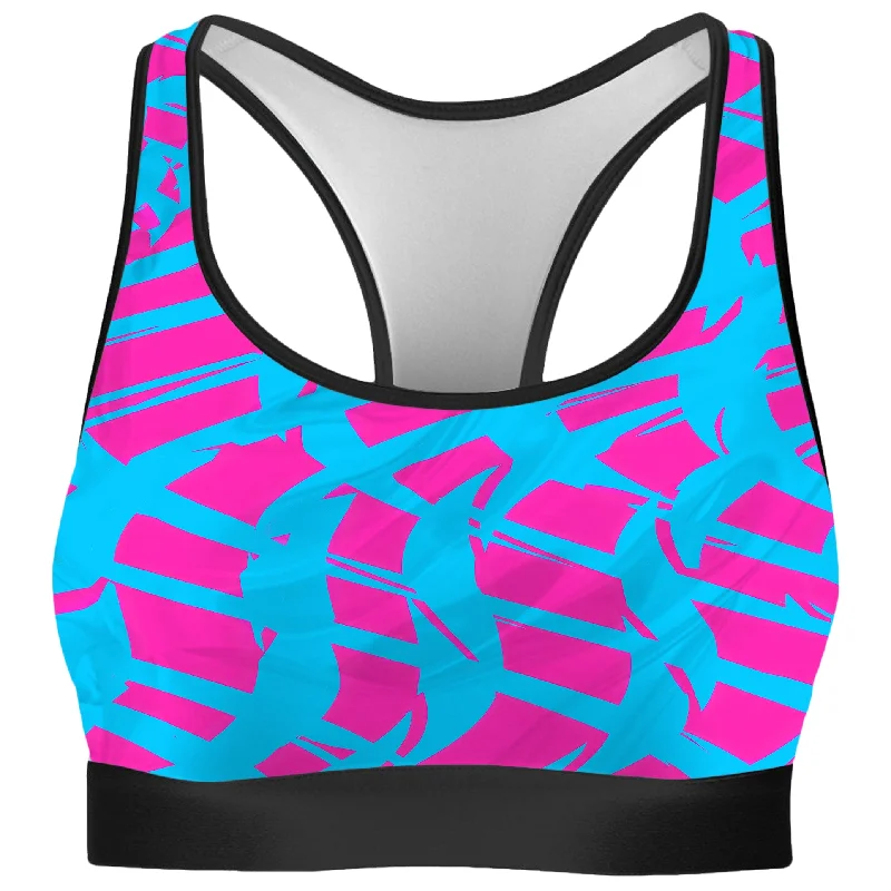 Pink and Blue Squiggly Rave Checkered Rave Bra Active Wear Bra