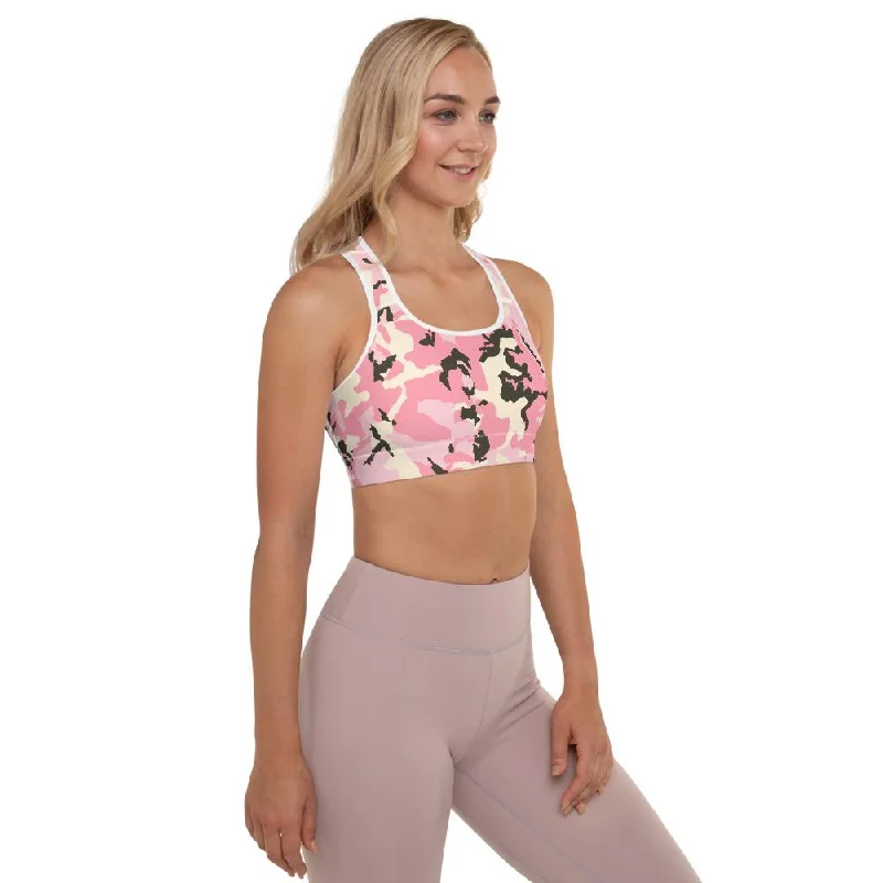 Pink Camo Women's Sports Bra, Army Military Print Padded Fitness Bra- Made in USA/EU Comfortable Active Bra