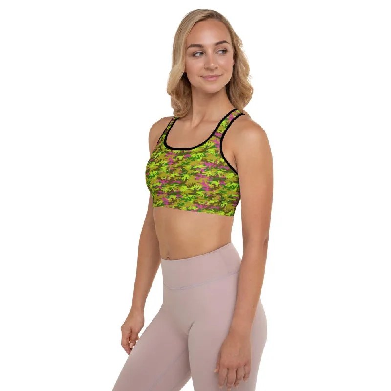 Pink Green Camo Sports Bra, Military Print Women's Padded Gym Bra- Made in USA/EU Breathable Comfort Bra