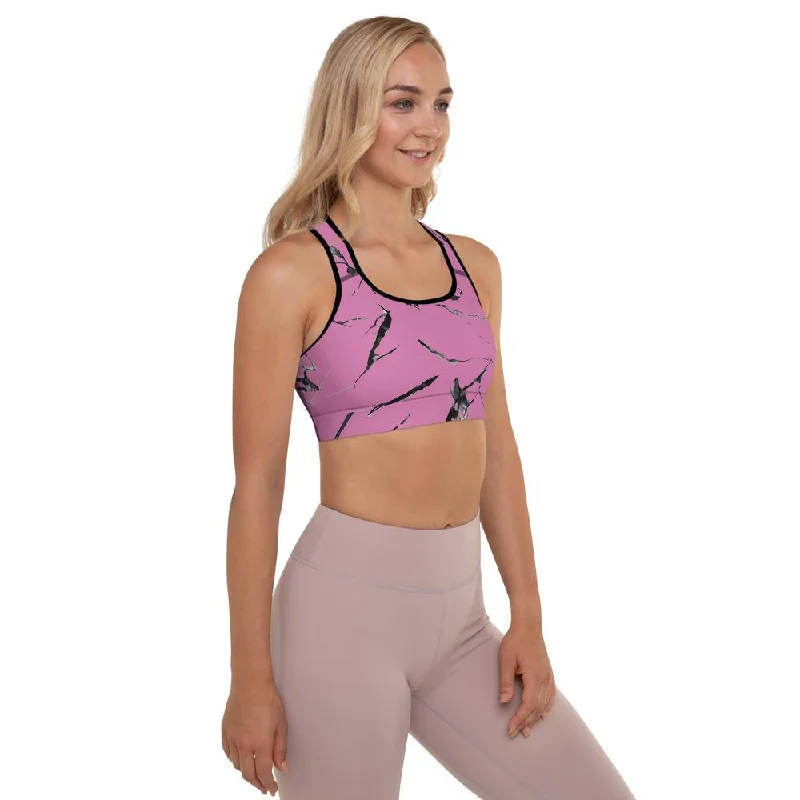 Pink Marble Women's Sports Bra, Premium Padded Gym Workout Bra- Made in USA/ EU Seamless Push-Up Bra