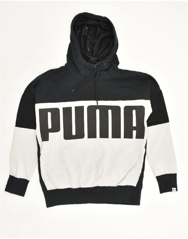 PUMA Womens Graphic Hoodie Jumper UK 10 Small Black Colourblock Cotton Hoodie with Full-Zip Functional Layering