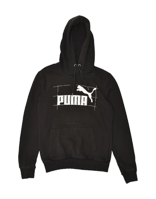 PUMA Womens Graphic Hoodie Jumper UK 10 Small Black Cotton Hoodie with Rolled Sleeves Casual Relaxed