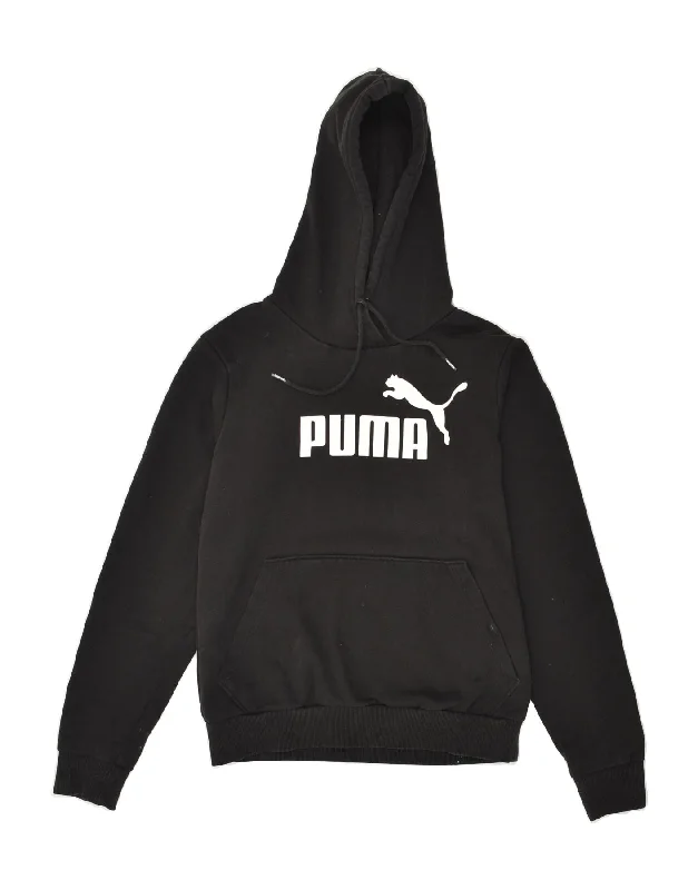 PUMA Womens Graphic Hoodie Jumper UK 10 Small  Black Cotton Hoodie with Hem Embroidery Detailed Premium