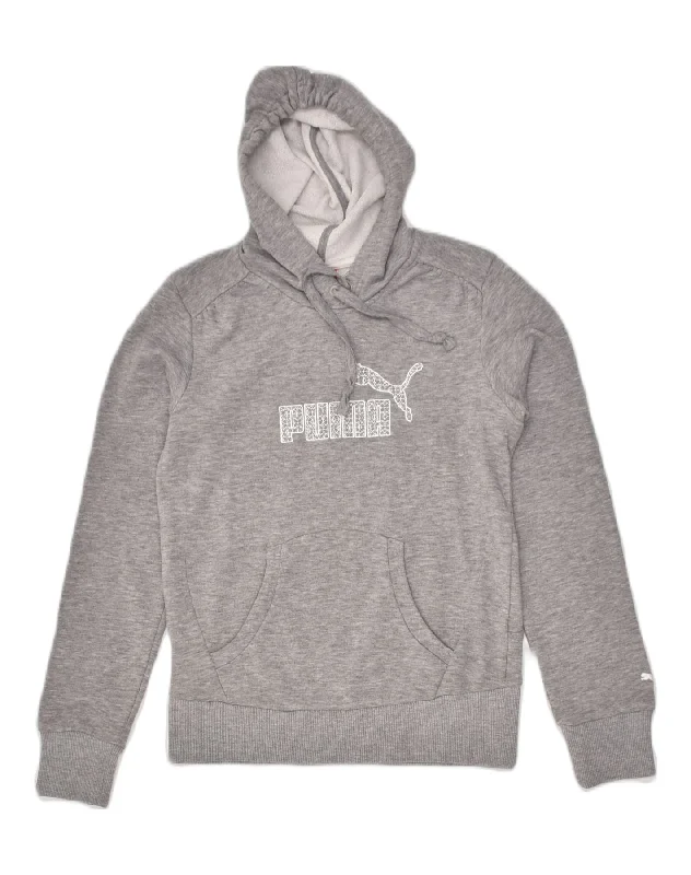 PUMA Womens Graphic Hoodie Jumper UK 10 Small Grey Cotton Hoodie with Pastel Soft Subtle