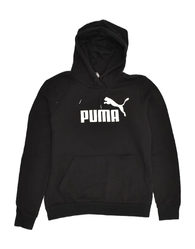 PUMA Womens Graphic Hoodie Jumper UK 12 Medium Black Cotton Hoodie with Hem Raw Edge Edgy Unfinished