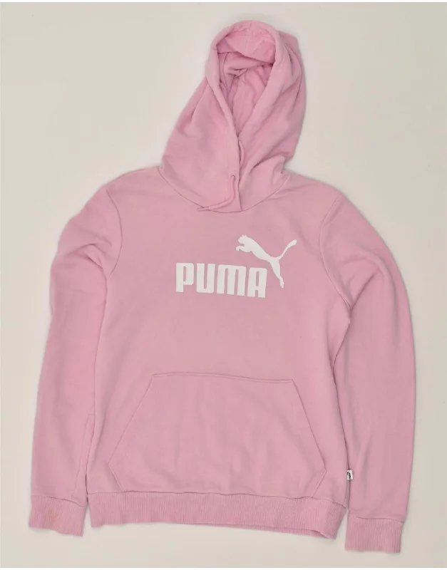 PUMA Womens Graphic Hoodie Jumper UK 12 Medium Pink Hoodie with Hem Embroidery Detailed Premium