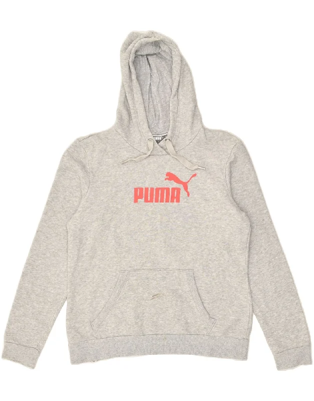 PUMA Womens Graphic Hoodie Jumper UK 14 Large  Grey Cotton Hoodie with Drawstring Waist Adjustable Fitted