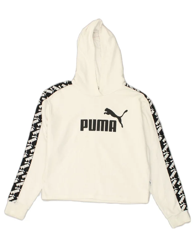 PUMA Womens Oversized Graphic Hoodie Jumper UK 10 Small White Cotton Hoodie with Half-Zip Sporty Casual