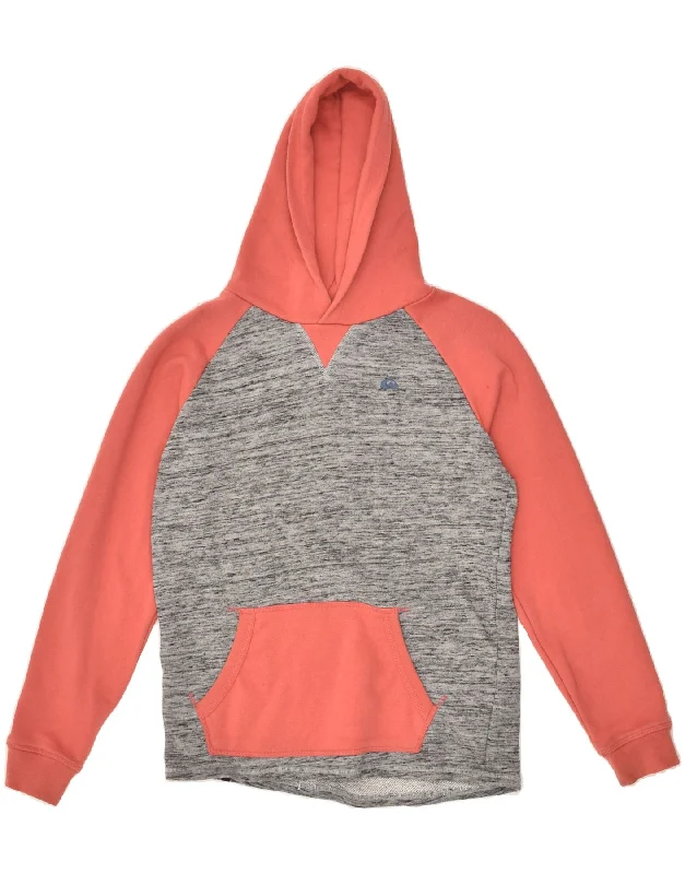 QUIKSILVER Womens Hoodie Jumper UK 14 Large Grey Colourblock Cotton Hoodie with Cuffed Sleeves Snug Secure