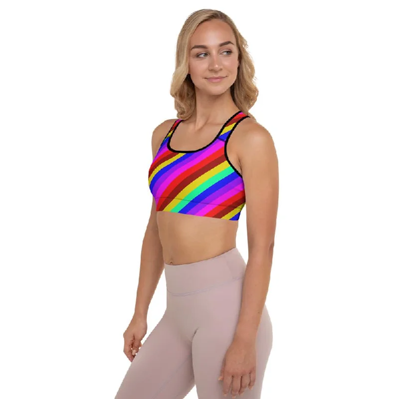 Rainbow Diagonal Stripe Sports Bra, Women's Padded Gym Fitness Bra-Made in USA/EU Soft Strapless Bra