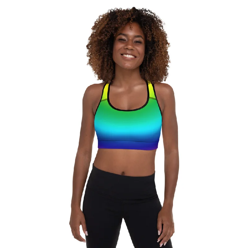 Radial Rainbow Ombre Fitness Bra, Women's Padded Gym Fitness Sports Bra- Made in USA/EU Wireless Push-Up Bra