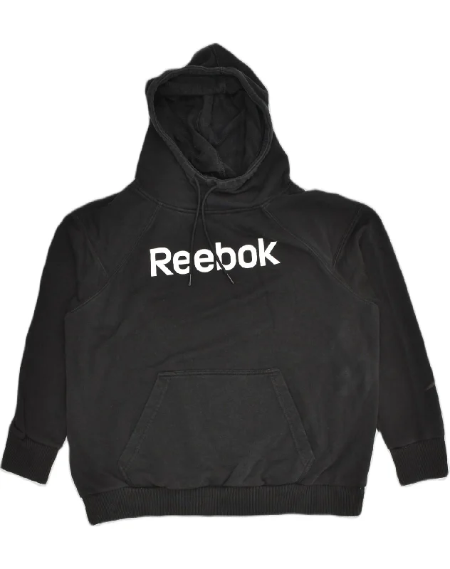 REEBOK Womens Graphic Hoodie Jumper UK 14 Medium Black Cotton Hoodie with Contrast Stitching Detailed Premium