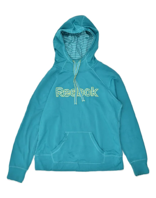 REEBOK Womens Graphic Hoodie Jumper UK 16 Large Blue Polyester Hoodie with Distressed Vintage Worn