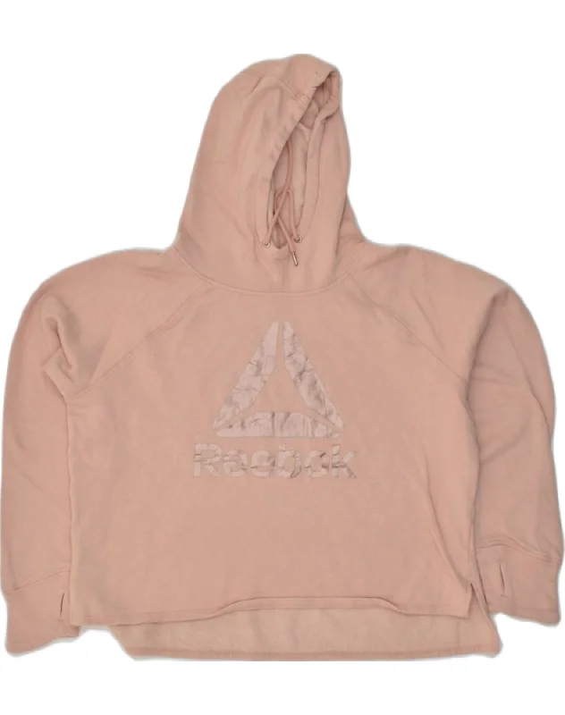 REEBOK Womens Oversized Graphic Hoodie Jumper UK 14 Large Beige Cotton Hoodie with Hem Ribbing Snug Secure