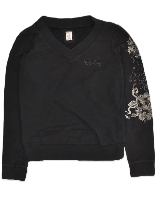 REPLAY Womens Sweatshirt Jumper UK 12 Medium Black Floral Cotton Hoodie with Front Slit Layering Stylish