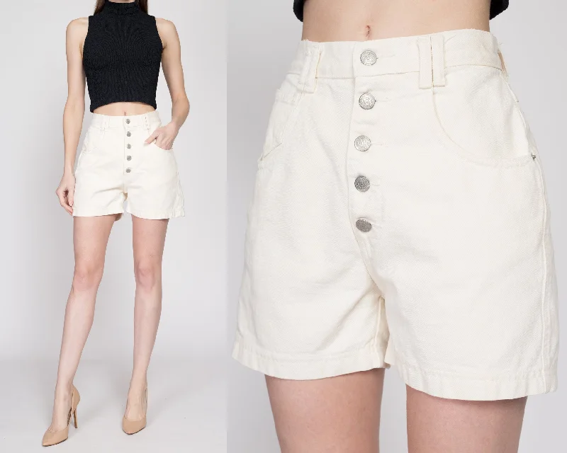 Small 90s White High Waisted Button Fly Jean Shorts 25" Stylish Tapered Fit Jeans
