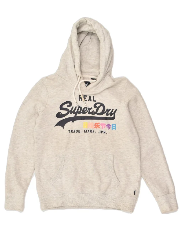 SUPERDRY Womens Graphic Hoodie Jumper UK 12 Medium  Grey Cotton Hoodie with High Neck Warm Protective