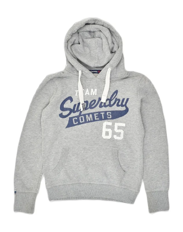 SUPERDRY Womens Graphic Hoodie Jumper UK 6 XS Grey Cotton Hoodie with Lace Feminine Delicate