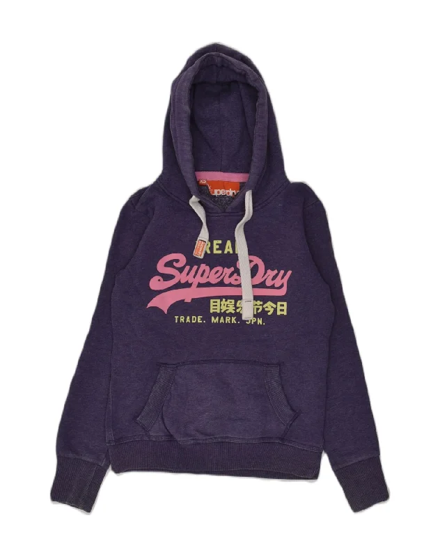 SUPERDRY Womens Graphic Hoodie Jumper UK 6 XS Purple Cotton Hoodie with Back Slit Movement Comfort