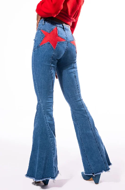 TAKE ME AWAY STAR PATCH DETAIL HIGH WAISTED FLARED JEAN Fashionable Raw Edge Jeans
