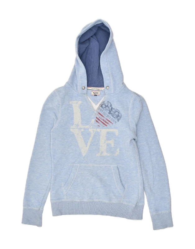 TOMMY HILFIGER Womens Graphic Hoodie Jumper UK 6 XS Blue Cotton Hoodie with Velcro Closure Adjustable Secure