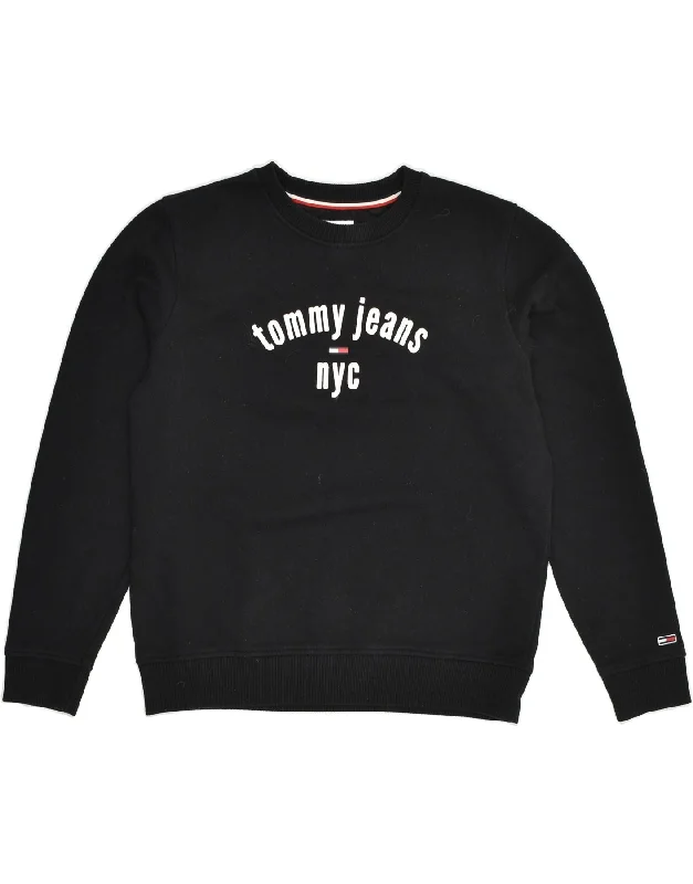 TOMMY HILFIGER Womens Graphic Sweatshirt Jumper UK 14 Medium Black Cotton Hoodie with Raglan Sleeves Sporty Comfortable