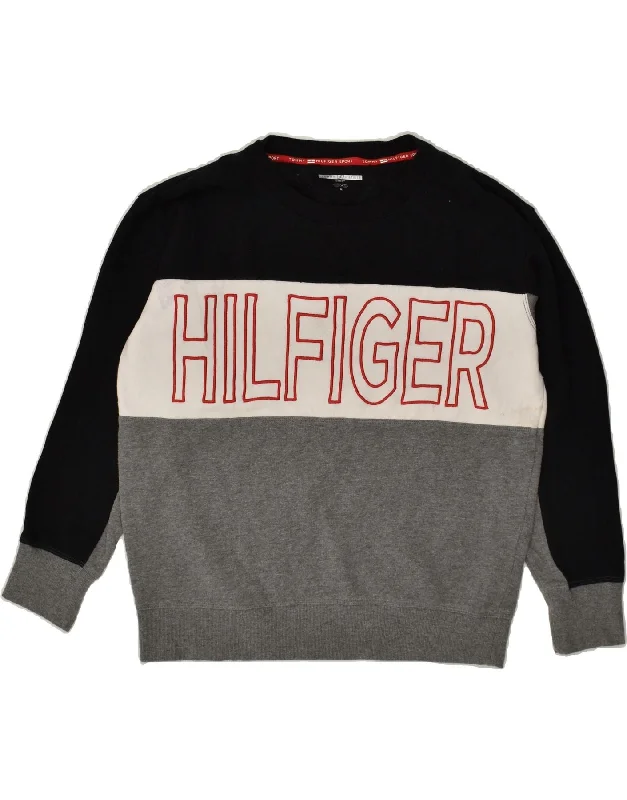 TOMMY HILFIGER Womens Graphic Sweatshirt Jumper UK 14 Medium Black Hoodie with Emblem Brand Identity